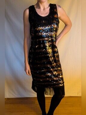 Suzy Shier Black Sequin Fringe Party Dress